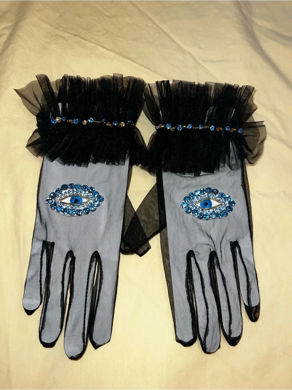 Sheer Black Tulle Gloves with Blue Beaded Eye Accent